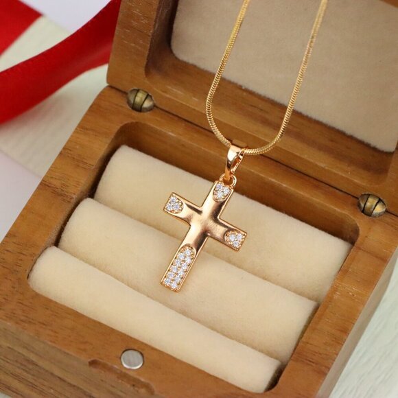 "Rose Gold Cross Pendant with Crystal Accents on Polished Surface, XPPT1611 - Picture 9 of 13